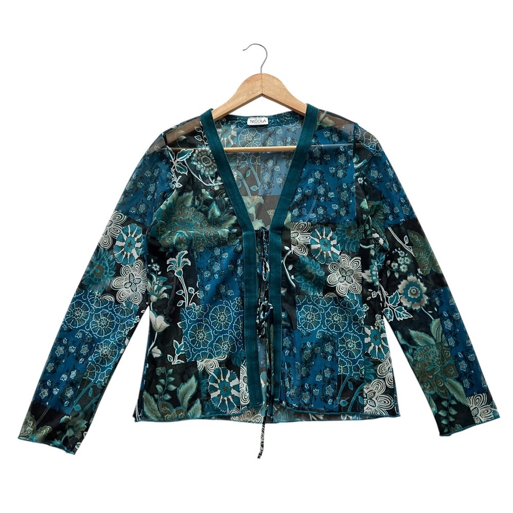 Nicola VTG Y2K Mesh Front Tie Velvet Trim Floral Long Sleeve Top M Fairy Grunge